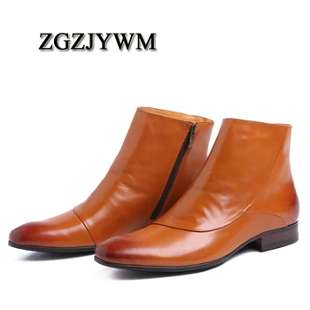 ZGZJYWM/ Весенне-осенние Модные Удобные высококачественные черные/коричневые мужские ботинки ручной работы из водонепроницаемой натуральной кожи на плоской подошве с застежкой-молнией