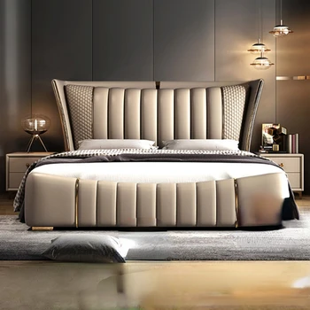 Главная спальня, двуспальная кровать, 2-метровая кровать, свадебная кровать с обивкой из массива дерева, итальянская светлая роскошная кожаная кровать