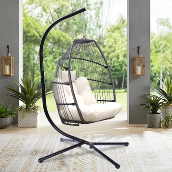 Плетеный складной подвесной стул для патио на открытом воздухе, гамак-качели из ротанга, кресло-яйцо с подушкой