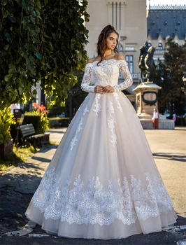 Бальные свадебные платья 2023 с открытыми плечами, Тюлевые кружевные аппликации, Иллюзионные свадебные платья, вышитые на сетке, Vestidos de Noiva