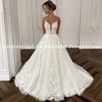 Блестящие свадебные платья трапециевидной формы, украшенные аппликациями, принцесса, глубокий V-образный вырез, тонкие бретельки, блестящее свадебное платье Vestidos