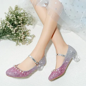 Весенние кожаные туфли принцессы с блестками для девочек, Модные детские танцевальные туфли на высоком каблуке с жемчужной кисточкой и кристаллами
