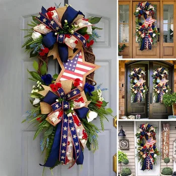 Имитация Дня независимости США, гирлянда, подвешенная на двери, Праздничное украшение окна, Бант, кольцо из ротанга, подвеска