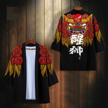 Китайское мужское черное Кимоно с принтом, кардиган, одежда, Юката, костюм Самурая, Хаори, Оби, Пляжное Кимоно, Уличная одежда, куртка