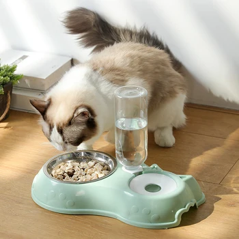 Миска для собак Миска для кормления кошек С бутылкой для воды для собак Автоматическая поилка Для домашних животных Миска для кошачьего корма Двойная миска для домашних животных из нержавеющей стали