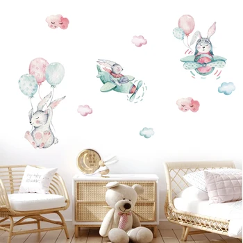 Наклейка на стену с изображением воздушного шара-ракеты с мультяшным кроликом Funlife®, украшение для дома в детской комнате, Наклейки в спальню с милыми животными