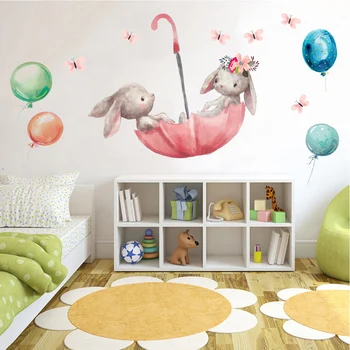 Наклейки на стену с зонтиком и кроликом для детской комнаты, наклейки на стены детской комнаты, наклейки для украшения детской комнаты, наклейки для интерьера, обои
