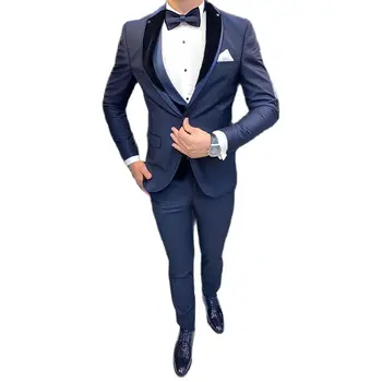 Темно-синий Классический мужской костюм, комплект из 3 предметов, Смокинг, Шаль с лацканами, Свадебные костюмы для жениха, Модный мужской деловой блейзер, куртка + брюки + жилет
