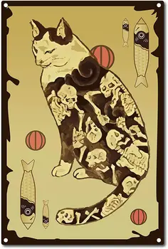 Японская татуировка кота-самурая ниндзя, металлическая жестяная вывеска, ретро-плакат, табличка для украшения кафе-бара, паба, магазина