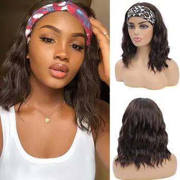 14-дюймовый парик для тела с прикрепленной повязкой на голову, короткие волнистые парики Боб для чернокожих женщин, натуральные вьющиеся синтетические парики длиной до плеч