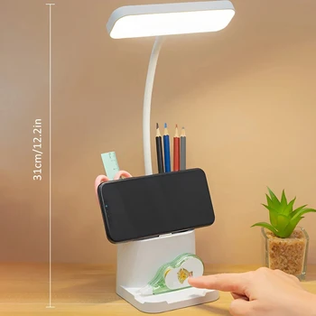 2023 Светодиодная настольная лампа с 2 держателями для ручек и телефона, USB-лампа для чтения, сенсорное управление, USB-настольная лампа, 3 цветовых режима, ночник