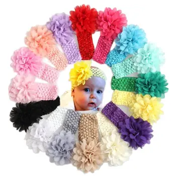5шт Детских вязаных эластичных головных уборов ручной работы, шифоновые повязки с цветами, Повязки для новорожденных, аксессуары для волос для девочек