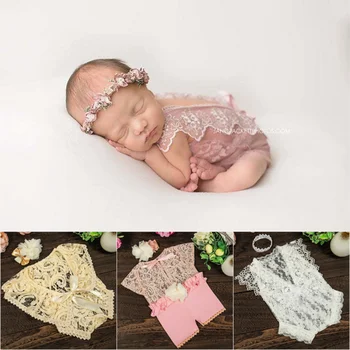 Dvotinst Реквизит для фотосъемки новорожденных, Кружевные комбинезоны, Цветочная повязка на голову, Аксессуары для фотосессии младенцев