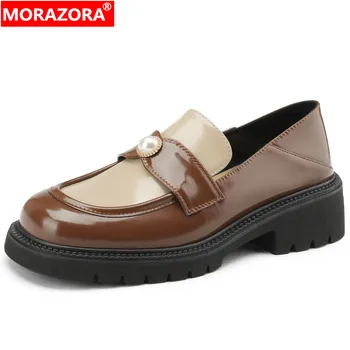 MORAZORA / Новинка 2023 года; Женская обувь из натуральной кожи в британском стиле; Женские лоферы без застежки; Разноцветные туфли-лодочки на среднем квадратном каблуке;