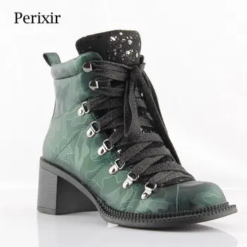 Perixir / Новые модные ботильоны в европейском стиле На высоком каблуке с круглым носком, Черные, Зеленые, Розовые ботинки на шнуровке, Женская обувь из лакированной кожи