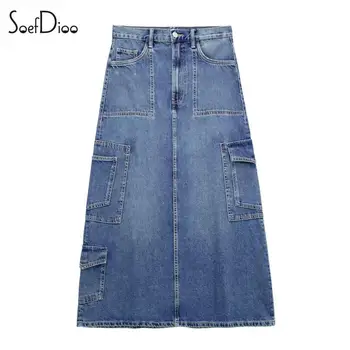 Soefdioo, модные джинсовые юбки трапециевидной формы с множеством карманов на молнии, женская повседневная юбка с высокой талией, лето 2023, винтажная уличная одежда