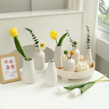 Белая мини-керамическая ваза Керамическая ваза для цветов Твердые вазы для цветов Креативная бутылка для цветов Ваза для домашнего декора стола En Ceramique