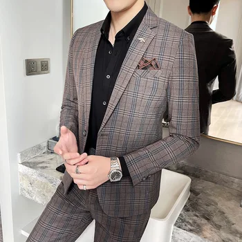 (Блейзер + брюки) Мужские костюмы, комплект из 2 предметов, мужской свадебный Новый осенний деловой строгий клетчатый костюм 2021 года, роскошное приталенное пальто, брюки