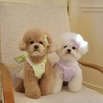 Весеннее платье для собаки Светло-фиолетовый лаймовый зеленый Тканый бант подтяжки юбка Одежда для собак и котенка bichonfrise одежда для собак платье для пуделя