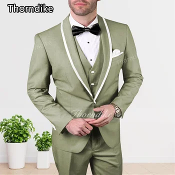 Весенний Мужской костюм Thorndike 2023 Нового дизайна Чайно-зеленого Цвета из 3 предметов С Белым воротником Поло в рубчик, Однобортный Блейзер повседневного покроя