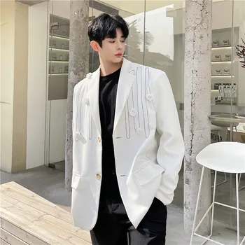 Весна 2021, корейский стиль, индивидуальный съемный дизайн, мужской повседневный свободный белый костюм для мужчин M-XXL