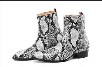 зимние мужские ботинки; кожаная обувь со змеиным принтом; повседневная обувь; зимние модные крутые ковбойские сапоги с цветочным рисунком; дышащие остроносые ботинки на среднем каблуке