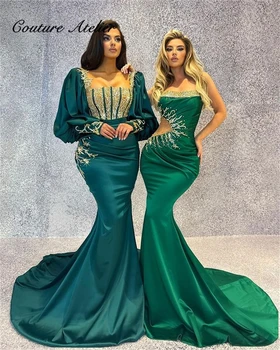 Изумрудно-зеленые вечерние платья с длинными рукавами для женщин 2023 Элегантное платье с квадратным вырезом, расшитое бисером, Атласное Свадебное платье для вечеринки vestidos