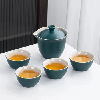 Керамический Дорожный Кофейно-чайный набор Портативный Походный Инструмент для приготовления чая на открытом воздухе Одиночные наборы чайной посуды кунг-фу с заваркой и 4 чашками