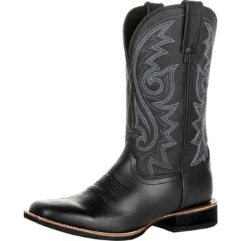 Ковбойские сапоги, Черно-коричневая зимняя обувь из искусственной кожи, мужские и женские ботинки в стиле ретро, обувь унисекс в западном стиле с вышивкой, Большой размер 48