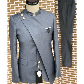 Костюмы для мужчин, 2 предмета, темно-серый Многослойный блейзер с воротником-стойкой, Однобортный дизайн, Комплекты для мужского костюма, Полная одежда для мужского костюма