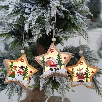 Креативная светодиодная Деревянная Звезда, Рождественская Елка, Подвесной кулон, Санта-Клаус, Снеговик, Лось, украшение для Рождественской вечеринки, Новогодние украшения