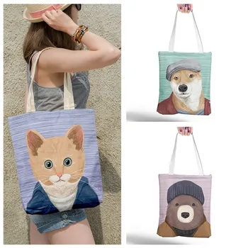 Многоразовая сумка для покупок с мультяшным принтом собаки, женская холщовая сумка через плечо, дорожные сумки для хранения, женская элегантная холщовая сумка
