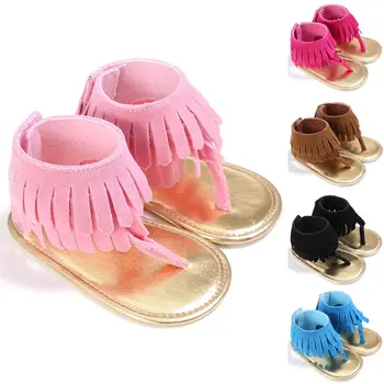 Модные повседневные летние сандалии для новорожденных малышей и маленьких девочек на плоской подошве с кисточками и каблуком в стиле 5 0-18 м