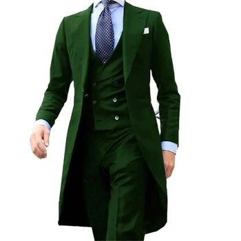 Модный Зеленый длинный фрак, 3 предмета, Джентльменский мужской костюм, свадебные смокинги для жениха, костюм Homme (куртка + жилет + брюки)