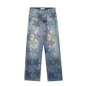 Мужская свободная повседневная уличная одежда со звездным принтом, модные прямые джинсовые брюки, американский хай-стрит Хип-хоп, широкие джинсовые брюки для папы