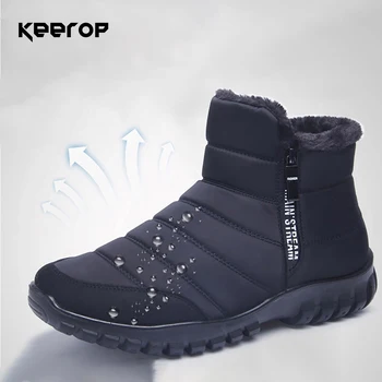 Мужские непромокаемые ботинки KEEROP, зимняя теплая меховая обувь, мужские зимние ботинки на молнии, уличные ботильоны без застежки, легкие мужские кроссовки