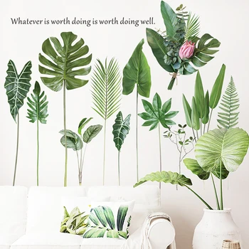 Наклейки на стену с зелеными листьями для дома, гостиной, декоративные виниловые наклейки на стены, тропические растения, фрески на двери для детей, сделанные своими руками, обои 1шт