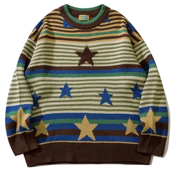 Новый Осенний свитер с геометрической графикой, Мужская одежда, Джемперы, куртка, Модная Корейская уличная одежда, Жаккардовые пуловеры в полоску, Мужские