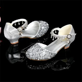 Обувь для девочек на высоких каблуках 2021 новая мода для маленьких девочек С блестками и кристаллами, прекрасные туфли принцессы