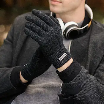Осенне-зимние мужские вязаные перчатки с сенсорным экраном, высококачественные шерстяные однотонные перчатки, мужские варежки для улицы