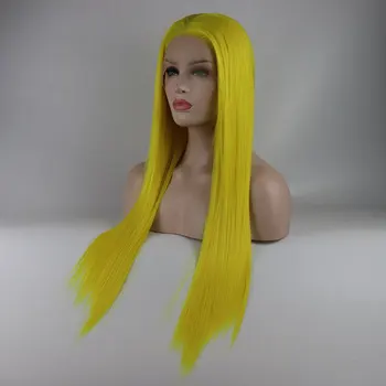 Парик из прямых синтетических волос на кружеве Живого желтого цвета из Термостойкого волокна с естественным пробором посередине для женских париков