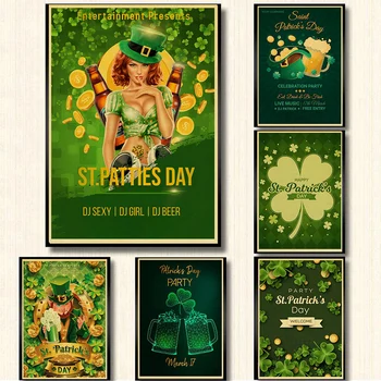 Плакат на День Святого Патрика, Винтажный декор из Крафт-бумаги, Ирландское зеленое пиво Lucky Shamlock, Золотые монеты, коллекция фотографий для вечеринок