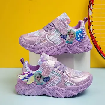 Повседневная обувь Disney Для девочек, Детская Спортивная обувь Принцессы Эльзы, Дышащая Сетчатая Противоскользящая Розово-Фиолетовая обувь, Кроссовки, Размер 26-37