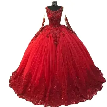 Пышные красные пышные платья с длинными рукавами, фатиновые бусины, аппликации, корсет, вечеринка по случаю Дня рождения, бальное платье для выпускного вечера, Vestidos De 15 Anos