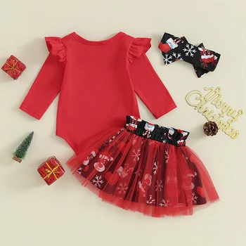 Рождественский наряд для маленьких девочек из 3 предметов, комбинезон с длинным рукавом, юбка в клетку с вышивкой лося, повязка на голову, Комплект детской осенней одежды