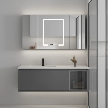 Роскошный шкаф для ванной комнаты комбинация зеркальных шкафов простой серый каменный умывальник каменный умывальник для ванной комнаты