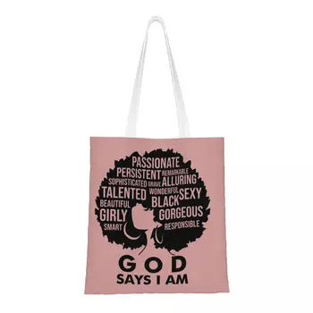 Симпатичная печать, Бог говорит, что я тотализатор, сумки для покупок, переработанный холст, сумка для покупателей, Африканская женская сумка