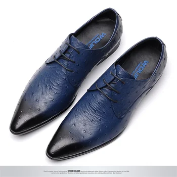 Синие кожаные туфли с тиснением мужские, корейская версия с заострением, кожаная повседневная обувь, кожаная модная обувь, тонкие туфли дышащие