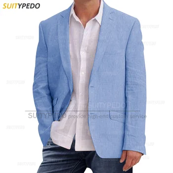 Синие Льняные Мужские Блейзеры Модный Приталенный Пиджак на 2 Пуговицы 2023 Летний Деловой Свадебный Смокинг Повседневное Пляжное Мужское Пальто 1 шт.