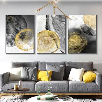 Современная абстрактная картина на холсте в золотисто-черном круге, настенное искусство, плакаты на скандинавскую тему и принты, настенные панно для украшения гостиной